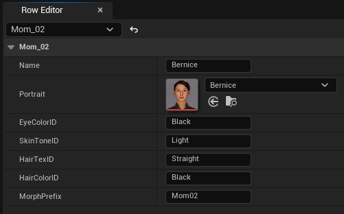 DT_Parents data table showing genetic fields for a parent row in Unreal Engine 5