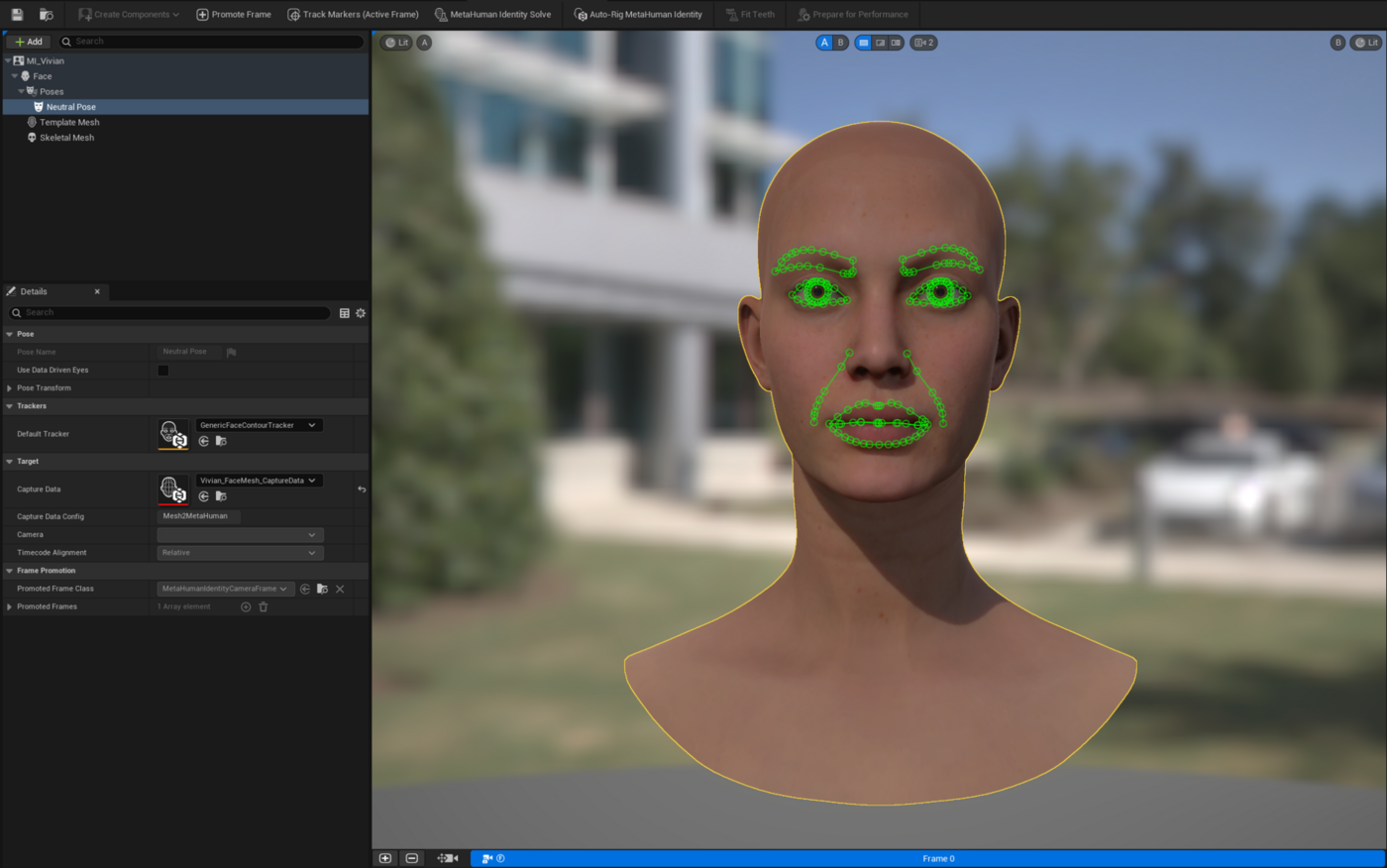MetaHuman Identity component with tracking markers over a parent model's facial features
