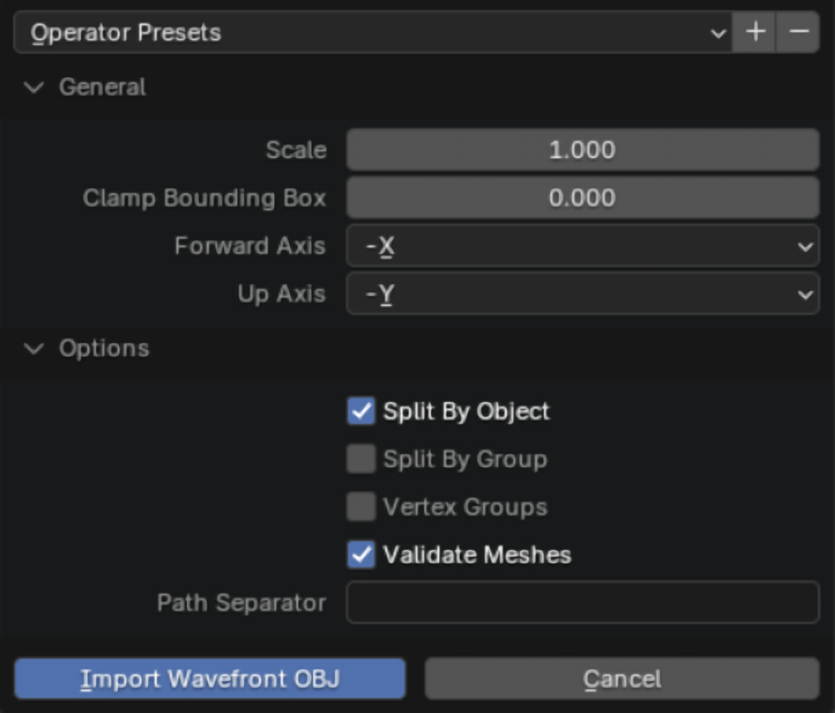 Blender OBJ import settings used for parent meshes