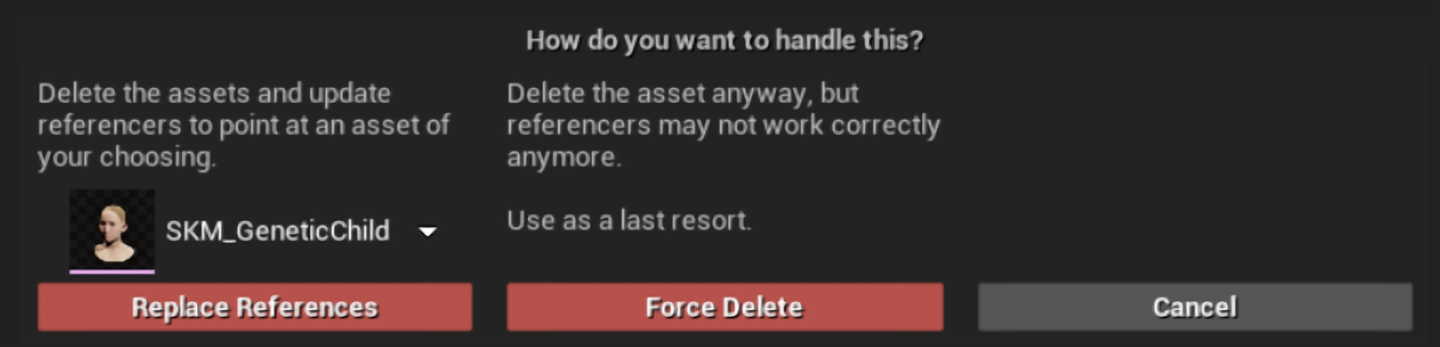 Reference consolidation window prompting to replace references before deleting the old skeletal mesh
